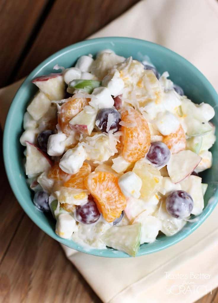 This creamy fruit salad recipe, using Greek yogurt, is sweet and creamy without the added calories!