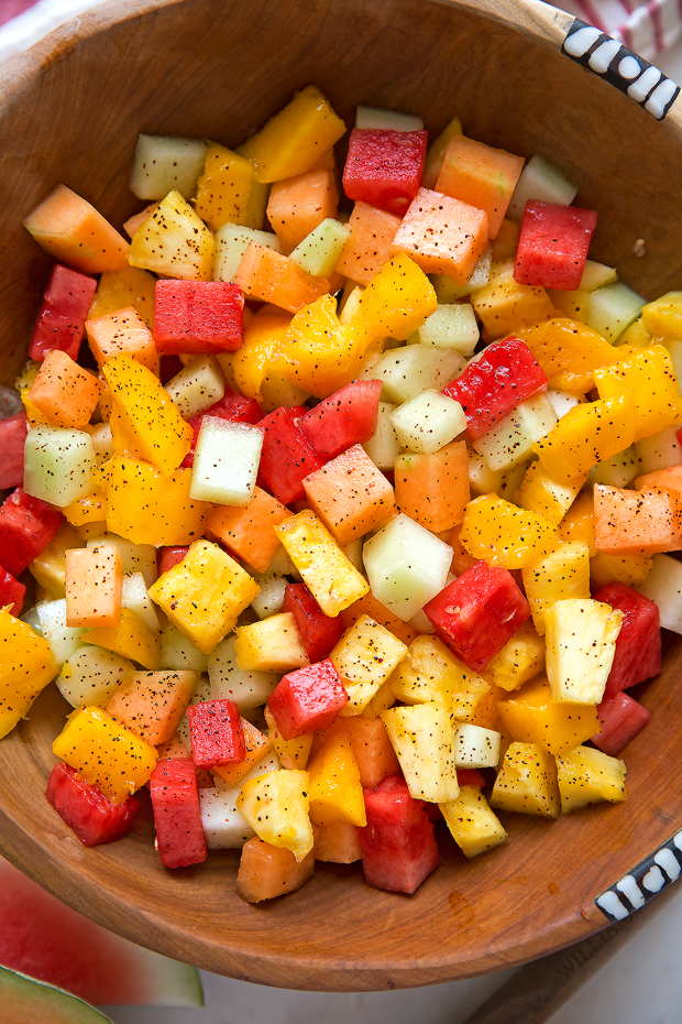 A simple Mexican fruit salad that’s spiced up! I toss my favorites – watermelon, honeydew, pineapple, cantaloupe and of course, mangoes in a light honey-lime and chili flavored dressing! This is the perfect refreshing and healthy treat for all your summer gatherings!