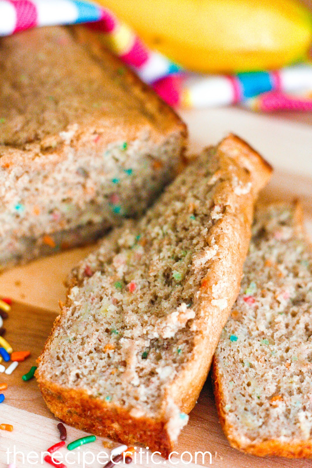 This Funfetti banana bread is so easy to throw together and it made with a cake mix and there aren't too many ingredients to it