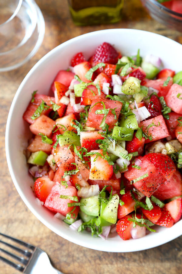 This Watermelon, Strawberry, Tomatillo Salad is a bright, light and irresistible salad. It’s the perfect mélange of sweetness and tartness that will fuel your body full of vitamin C!