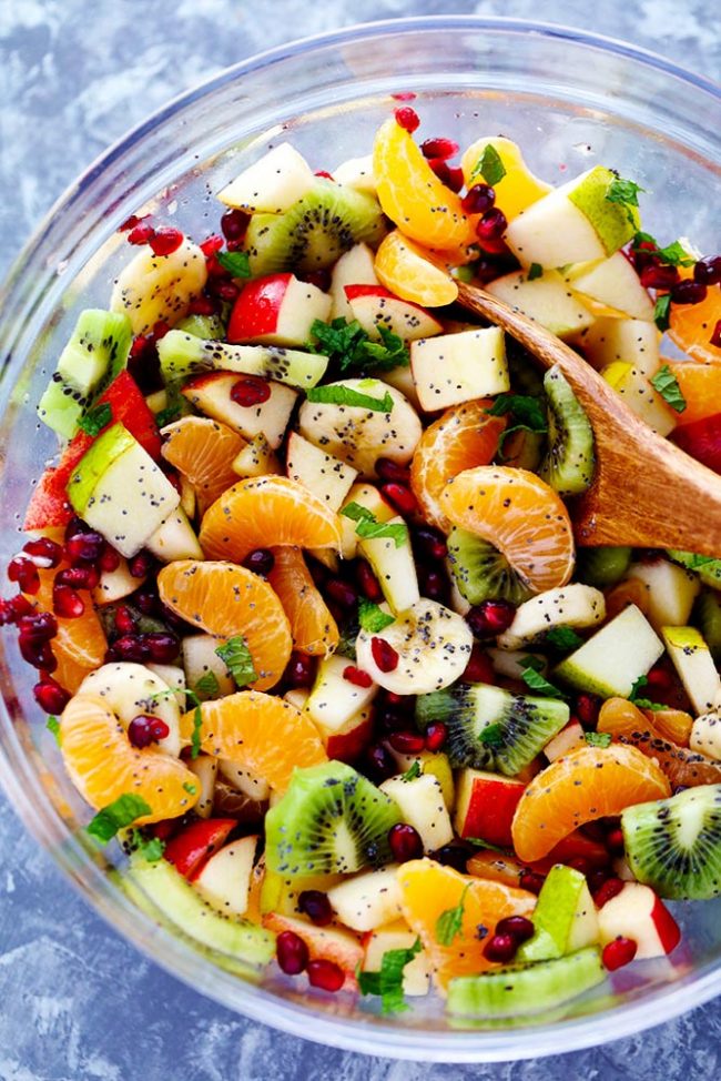 The Best Winter Fruit Salad is also great in the summer and is filled with clementines, kiwi, pears, apples, and pomegranate.  It gets tossed in a delicious honey lime poppyseed dressing and you won’t be able to get enough!  