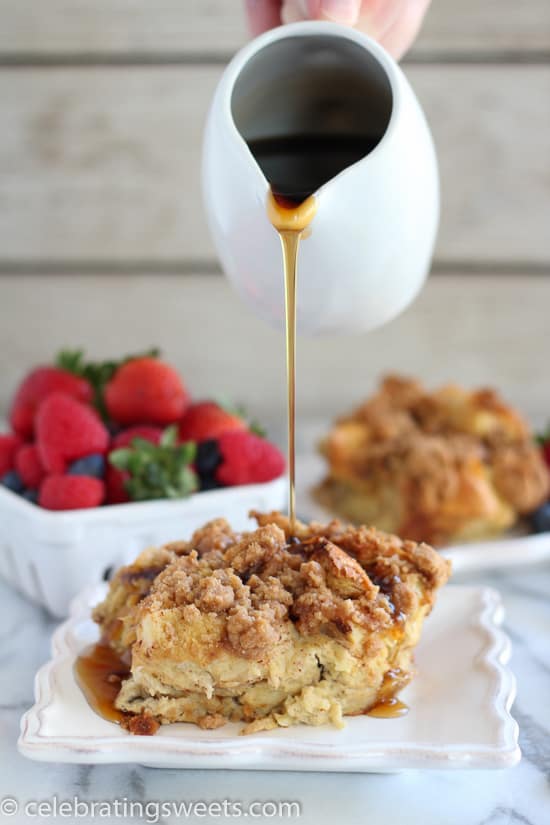Overnight Baked French Toast Casserole spiced with cinnamon, flavored with vanilla, and topped with a brown sugar crumb topping. Prep it the night before and pop it in the oven in the morning!