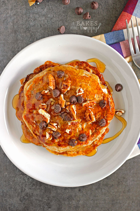 Enjoy the classic cookie in breakfast form with these Oatmeal Cookie Pancakes, loaded with oats, chocolate chips and pecans.