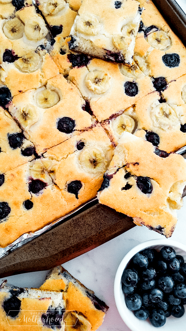 Make one batch of Baked Pancakes and cut into pieces instead of making individual banana blueberry pancakes.