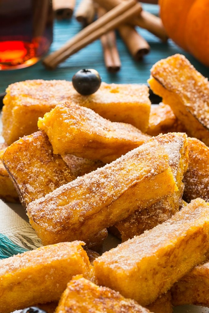 Light and fluffy Pumpkin French Toast Sticks coated in cinnamon sugar. They’re super fun to eat and they taste like a churro!