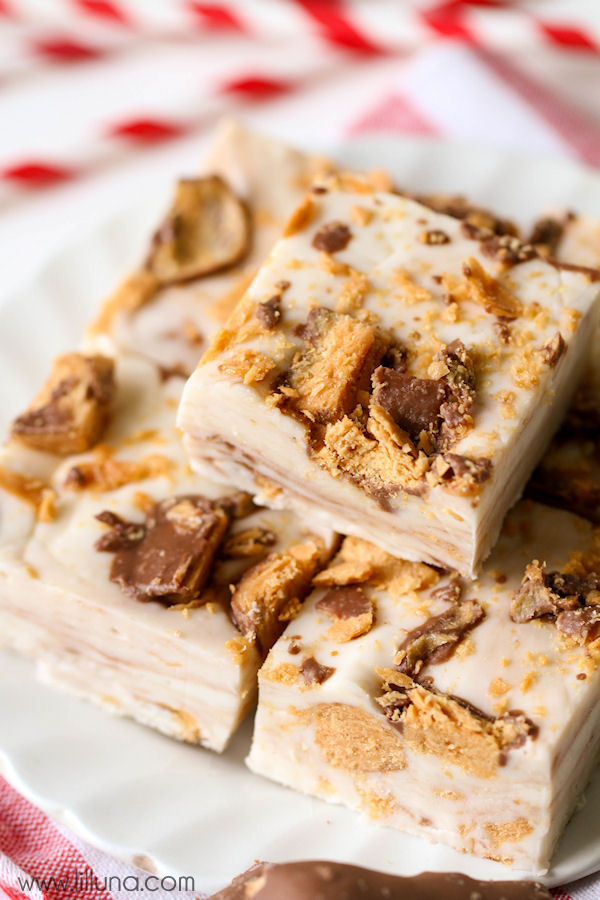 If you like Butterfingers and fudge?  Put them together and BAM – you've got White Chocolate Butterfinger Fudge!