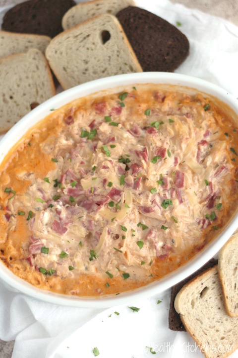 Rich and creamy, this appetizer recipe is just loaded with the ever-popular flavors of a Reuben sandwich! It’s so much healthier than typical Reuben dips, but no one can ever taste the difference