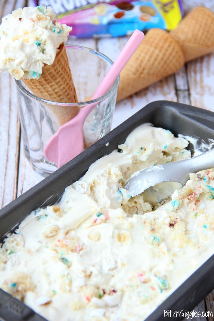 A delicious and fun no-churn ice cream recipe with homemade vanilla magic shell and bits of vanilla sprinkle cake swirled throughout, then topped with Crunchkins™ birthday cake flavored candy!