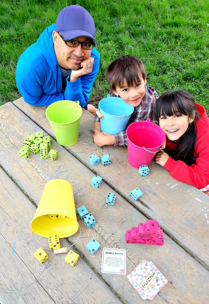 What’s a crafty girl to do when she’s afraid that she’s going to lose small dice from her favorite game while playing outside? Make a bigger wooden set for outdoor play!