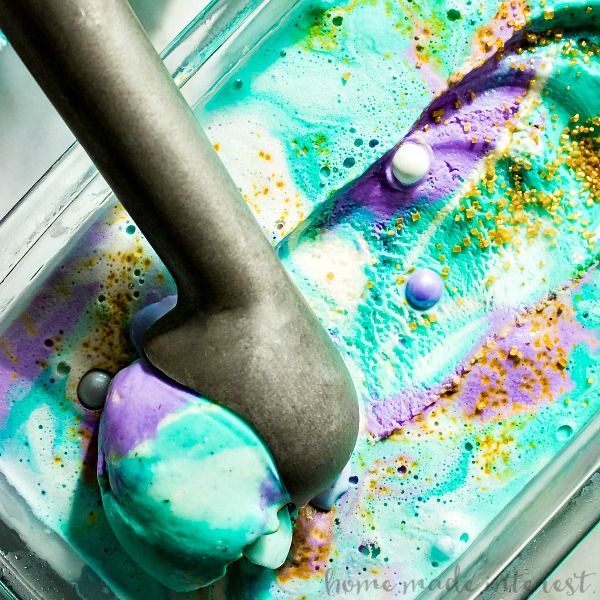 colorful swirls of easy homemade ice cream filled with sprinkles that is perfect for a mermaid party…or just a hot summer afternoon treat!