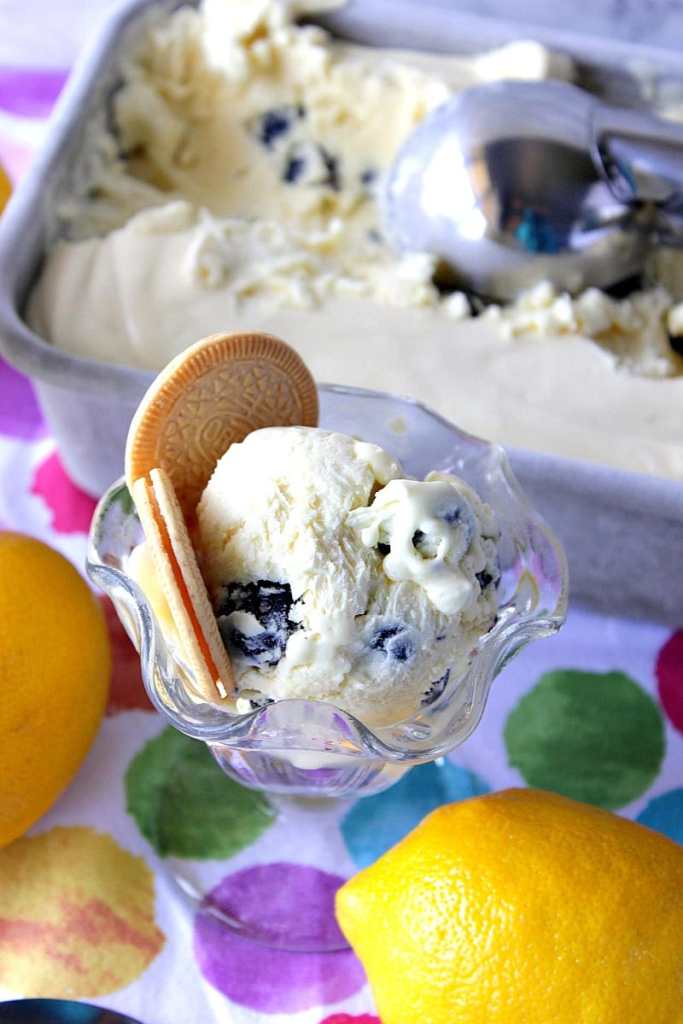 Here’s a frozen lemon dessert that isn’t a sherbet or sorbet. Luscious Lemon No Churn Ice Cream with Blueberries and Malibu Rum is rich and creamy with just the right amount of tart and sweet lemony flavor.