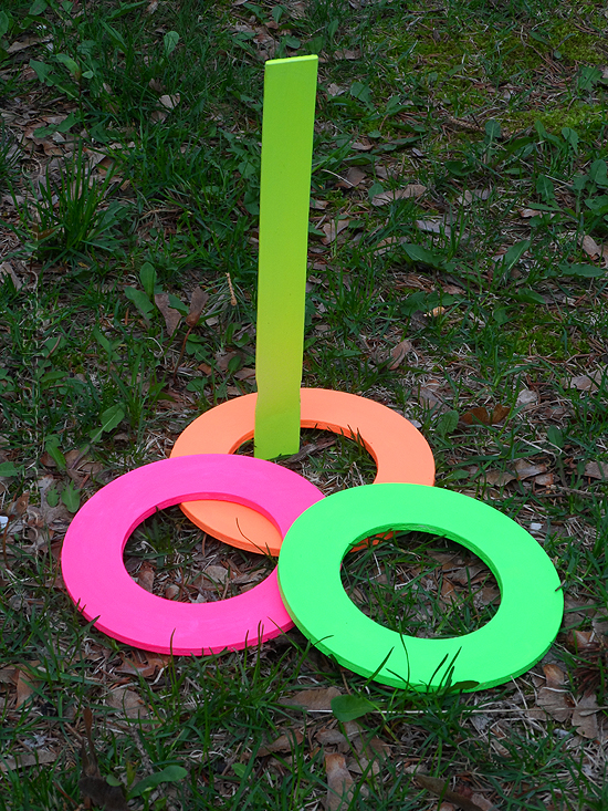 No need to buy a ring toss game, why not make your own in neon colors! Neons make the pieces easy to spot in the yard, and what child doesn’t love bright colorful neon?