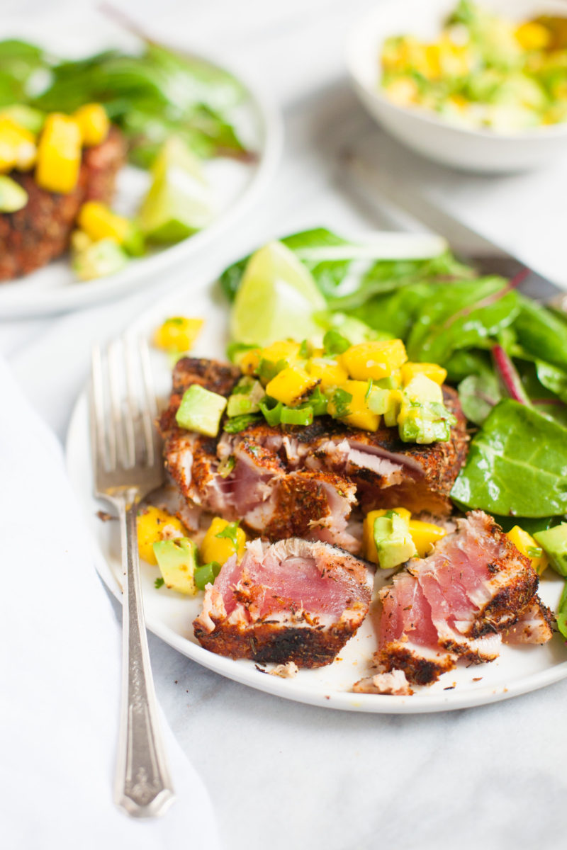 These Grilled Blackened Tuna Steaks with Mango Avocado Salsa are just the thing when you need a flavorful, fancy dinner that’s still quick and healthy.