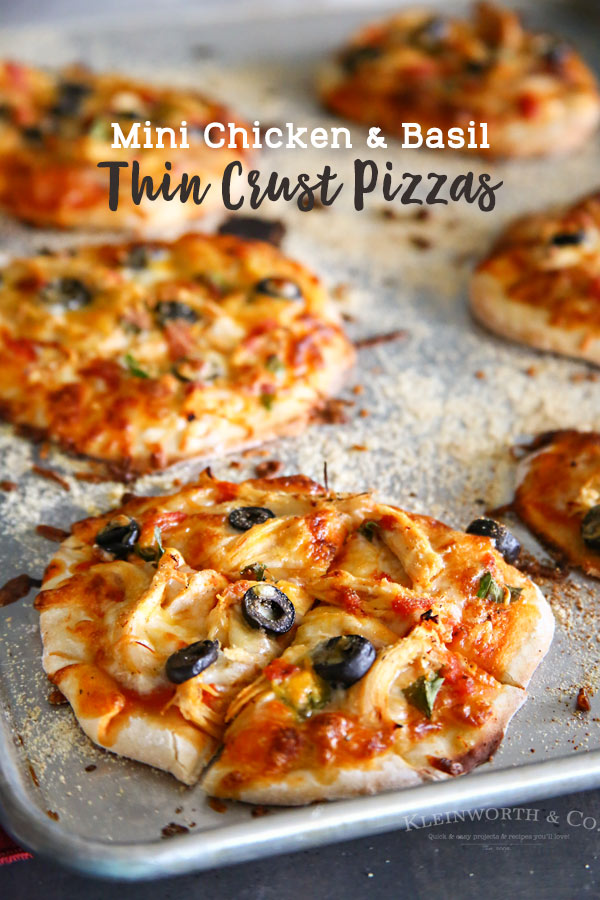 Mini Chicken Basil Thin Crust Pizza made in a personal size for family fun dinners. Another easy family chicken dinner recipe that keeps them wanting more.