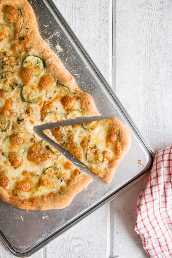 This pizza uses 2 types of cheese which complement one and other quite nicely. The fresh mozzarella is gooey and smooth while the pecorino has a lovely salty flavor to the mix.